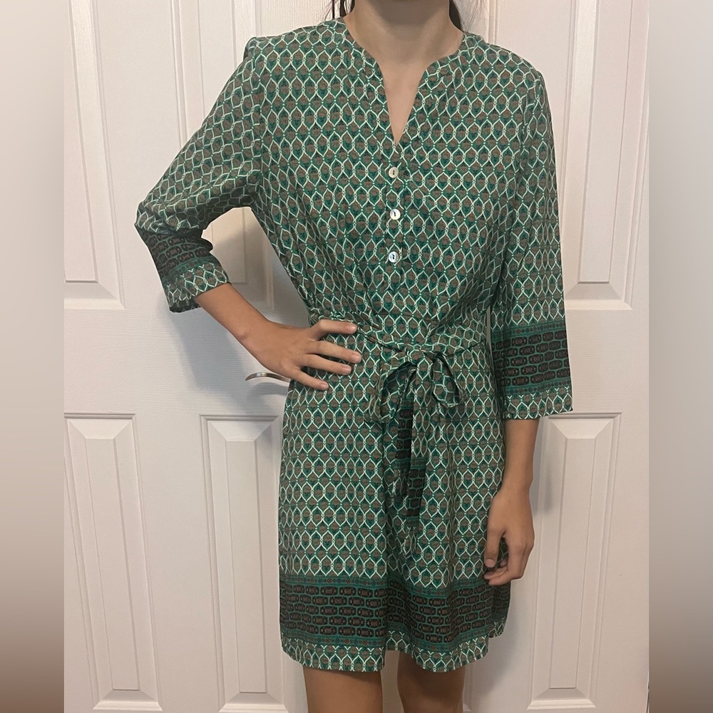 AINA BE Francesca’s Green Print Self-Tie 3/4 Sleeve Shirt Short Dress, Women's S